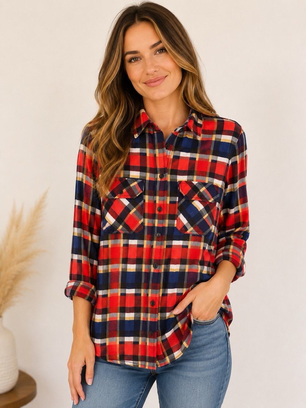 Six Crisp Days Womens Medium Plaid Button Down Shirt Red Navy Long Sleeve